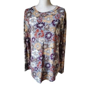 bombom Floral Long Sleeve Knit Top Multicolor Gray Gold Rust Pullover Size L